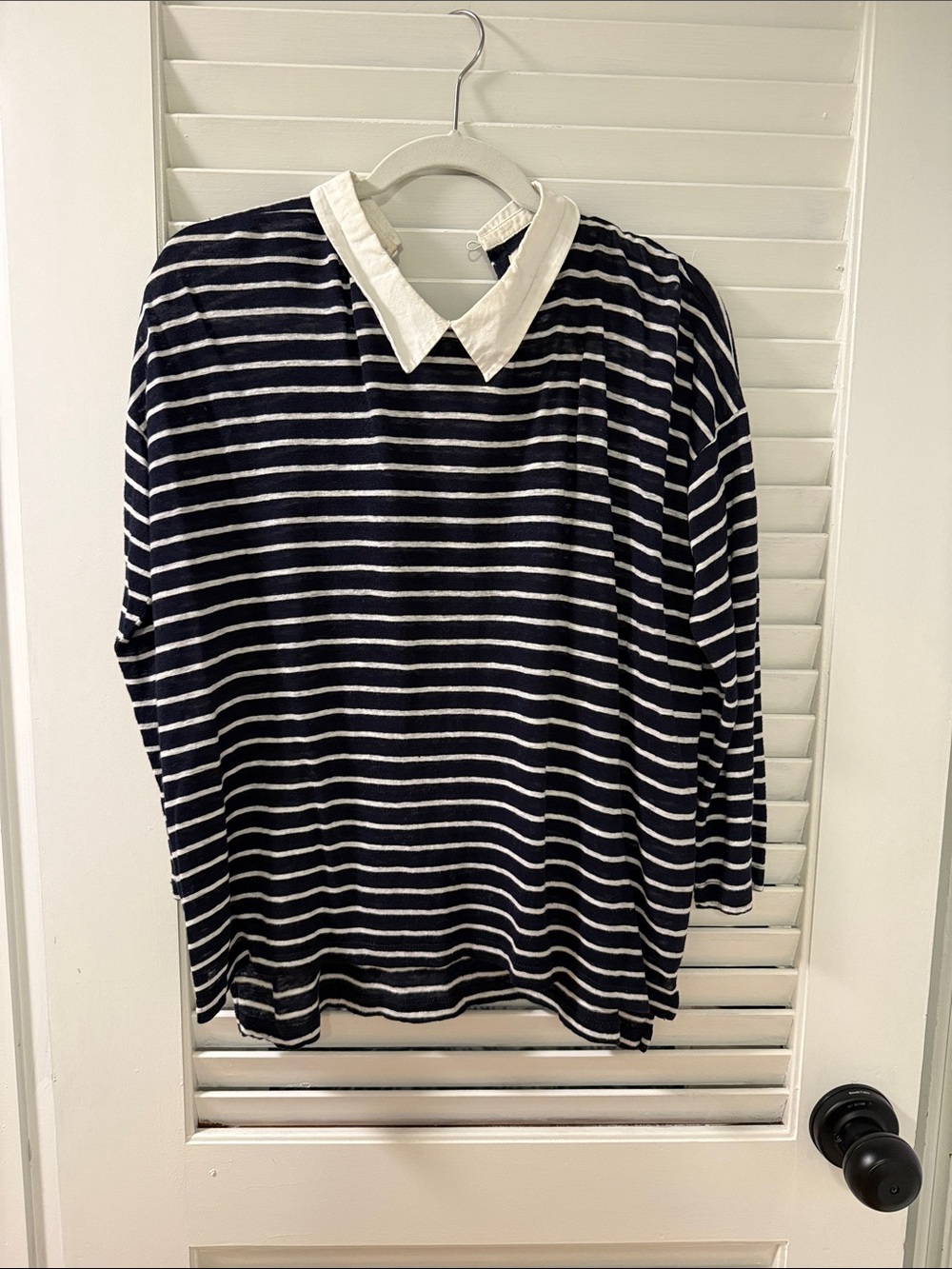 Madewell Navy & White Striped Long Sleeve Top with White Collar